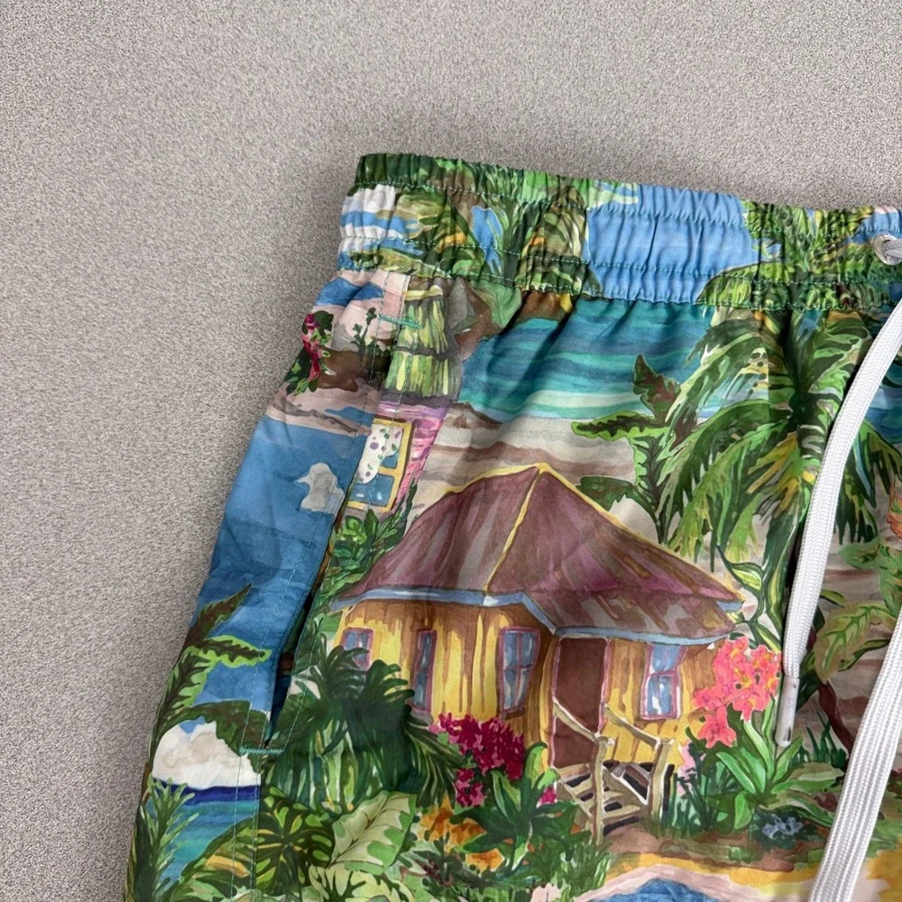 Duvin Shorts Mens Medium Blue Tropical Beach Surf Shack Print Swim Trunks